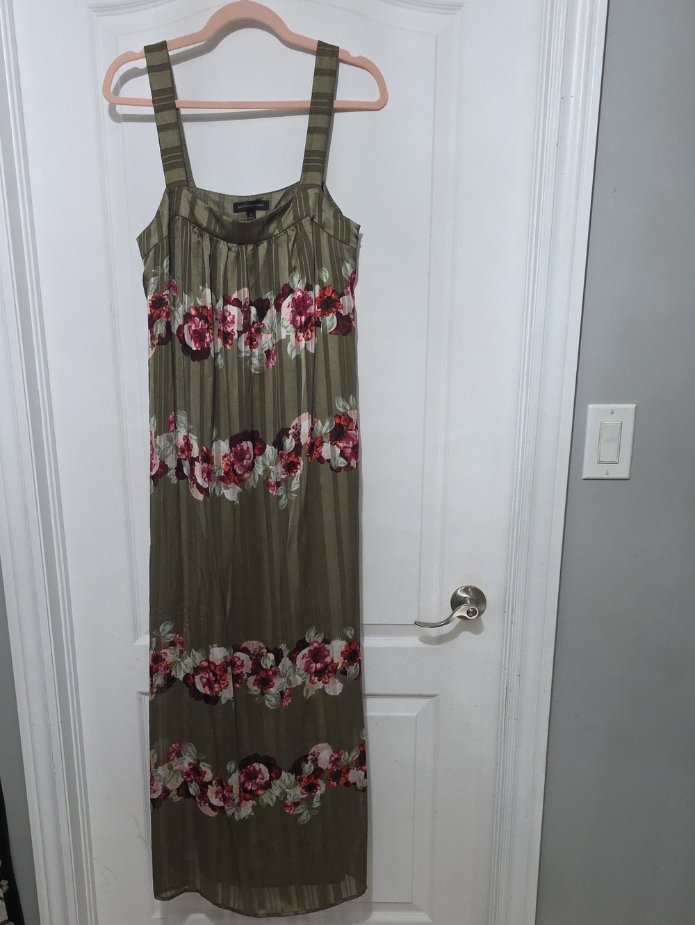 Banana Republic Olive Green Floral Maxi Dress with Pink and Red Accents